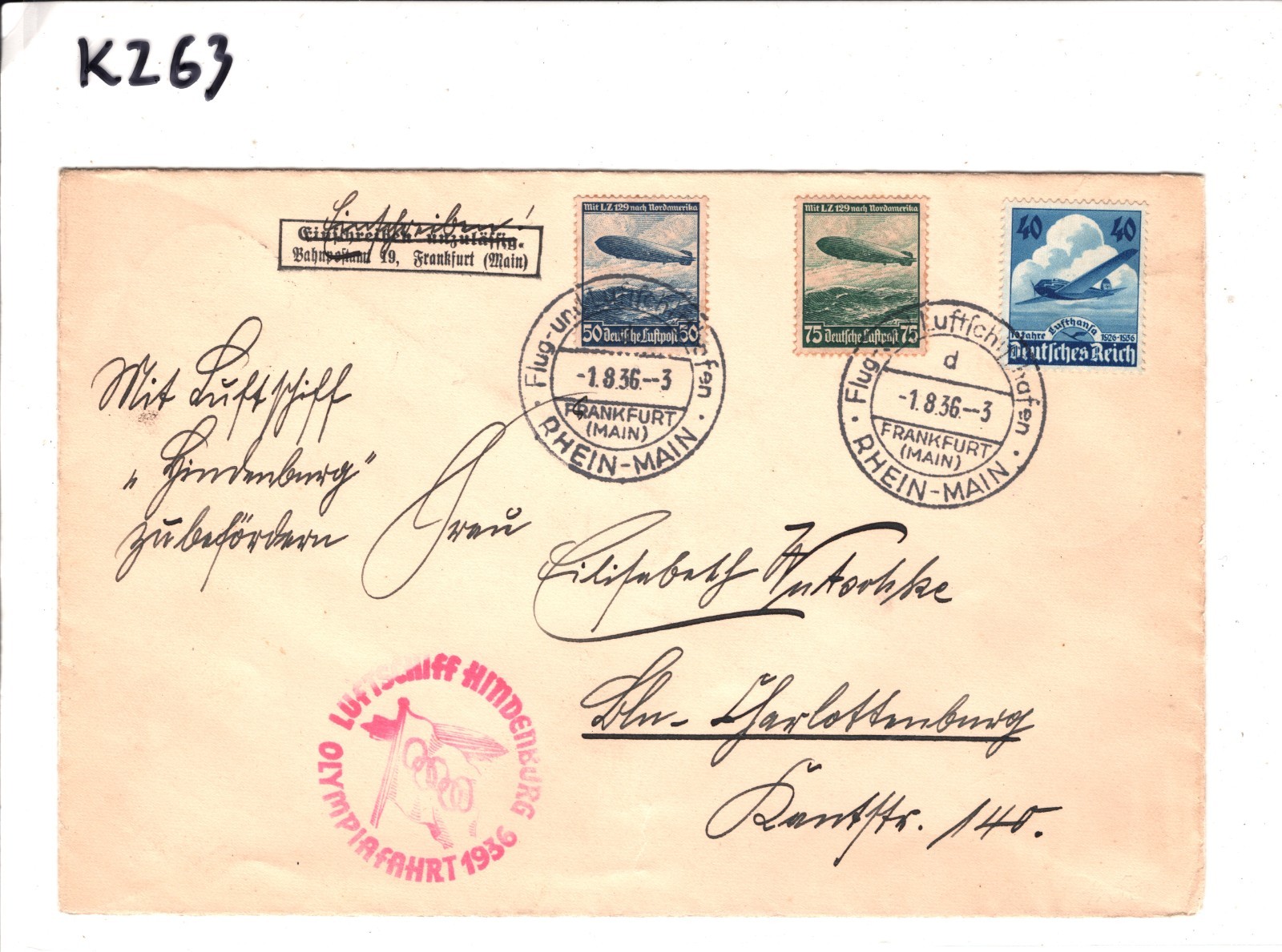 ZEPPELIN *HINDENBURG* Air Mail Cover 1936 OLYMPIAFAHRT Frankfurt Reg KZ63 - Image 4