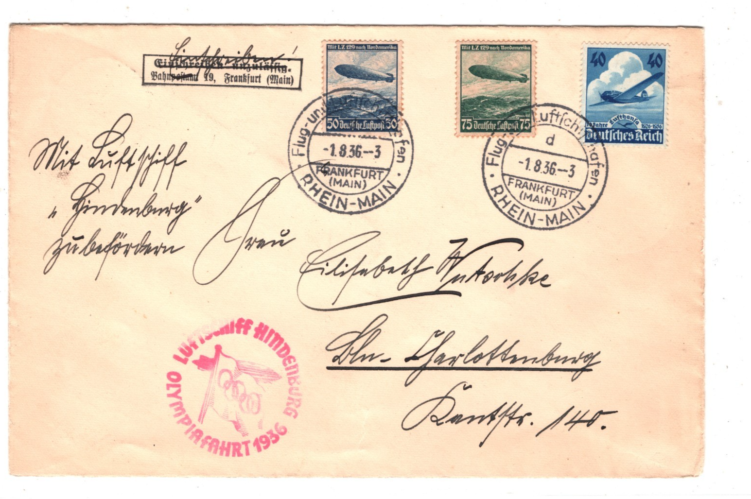 ZEPPELIN *HINDENBURG* Air Mail Cover 1936 OLYMPIAFAHRT Frankfurt Reg KZ63