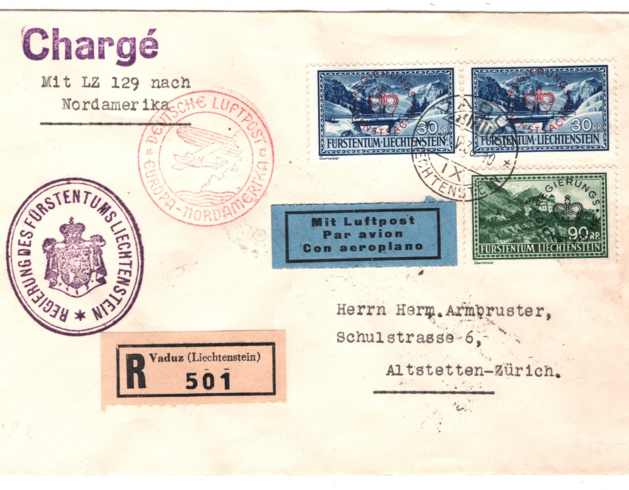 ZEPPELIN HINDENBURG Cover *LIECHTENSTEIN* Treaty Air OFFICIALS 1936 USA KZ419 - Image 7