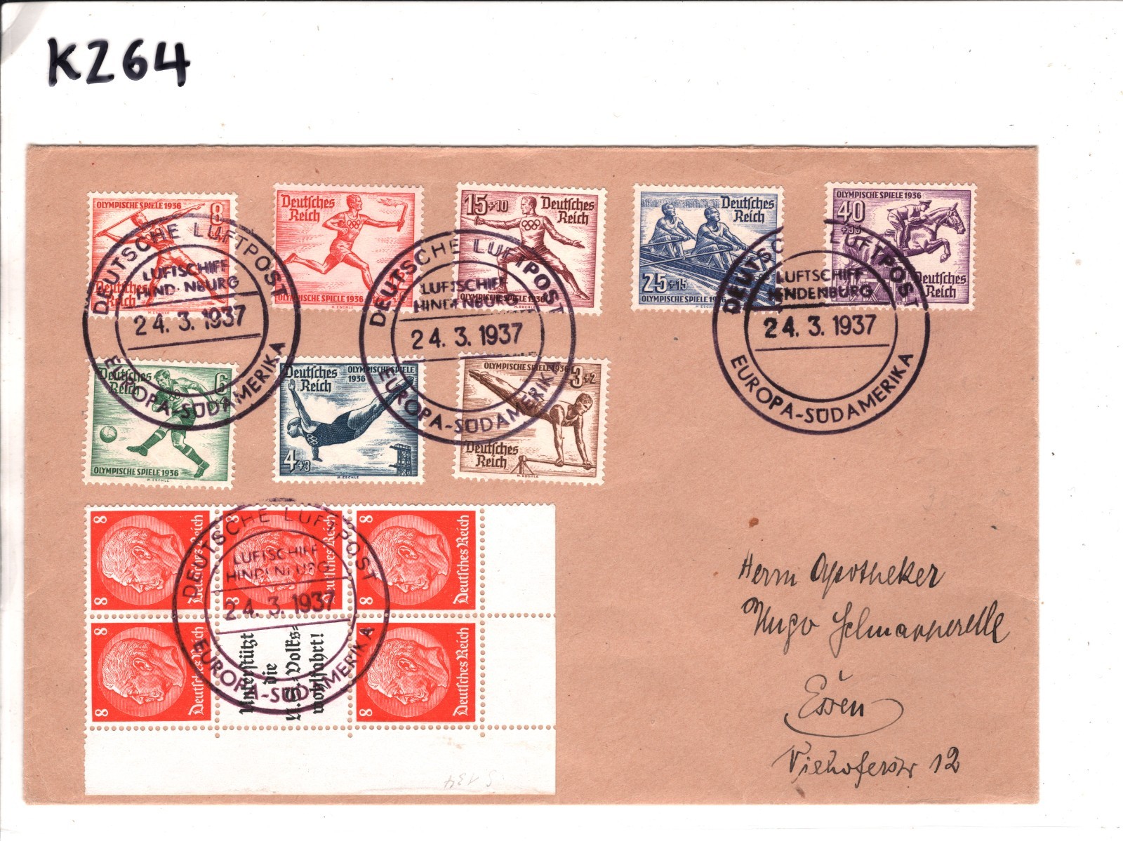 ZEPPELIN *HINDENBURG* Germany Air Mail SÜDAMERIKA 1936 OLYMPIC GAMES Essen KZ64 - Image 4