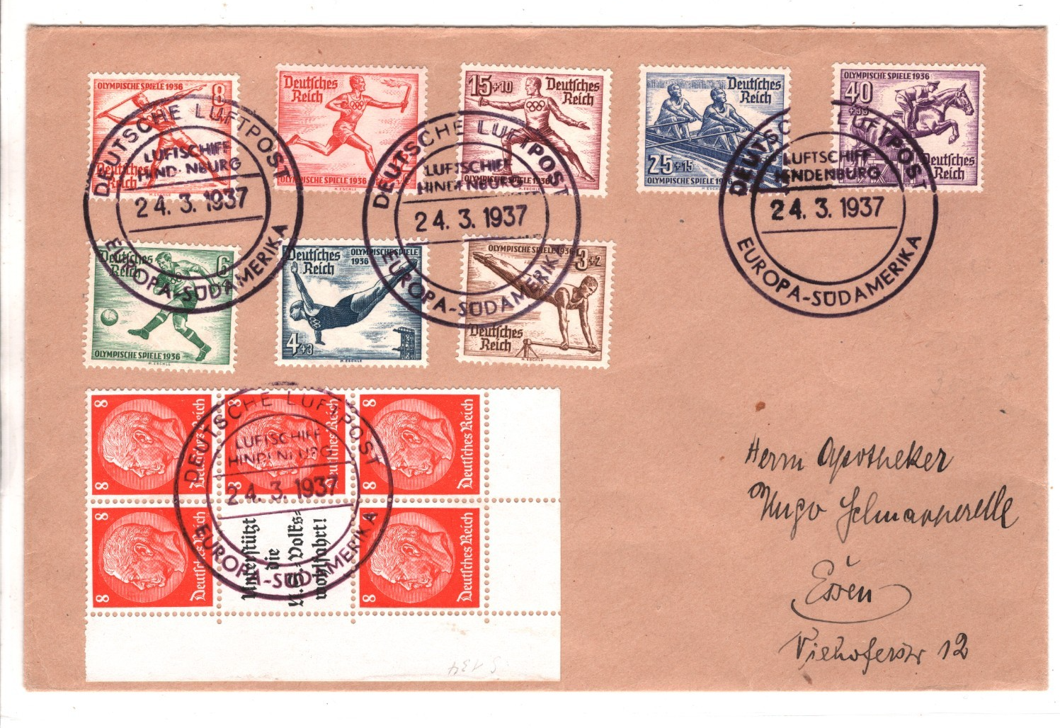 ZEPPELIN *HINDENBURG* Germany Air Mail SÜDAMERIKA 1936 OLYMPIC GAMES Essen KZ64