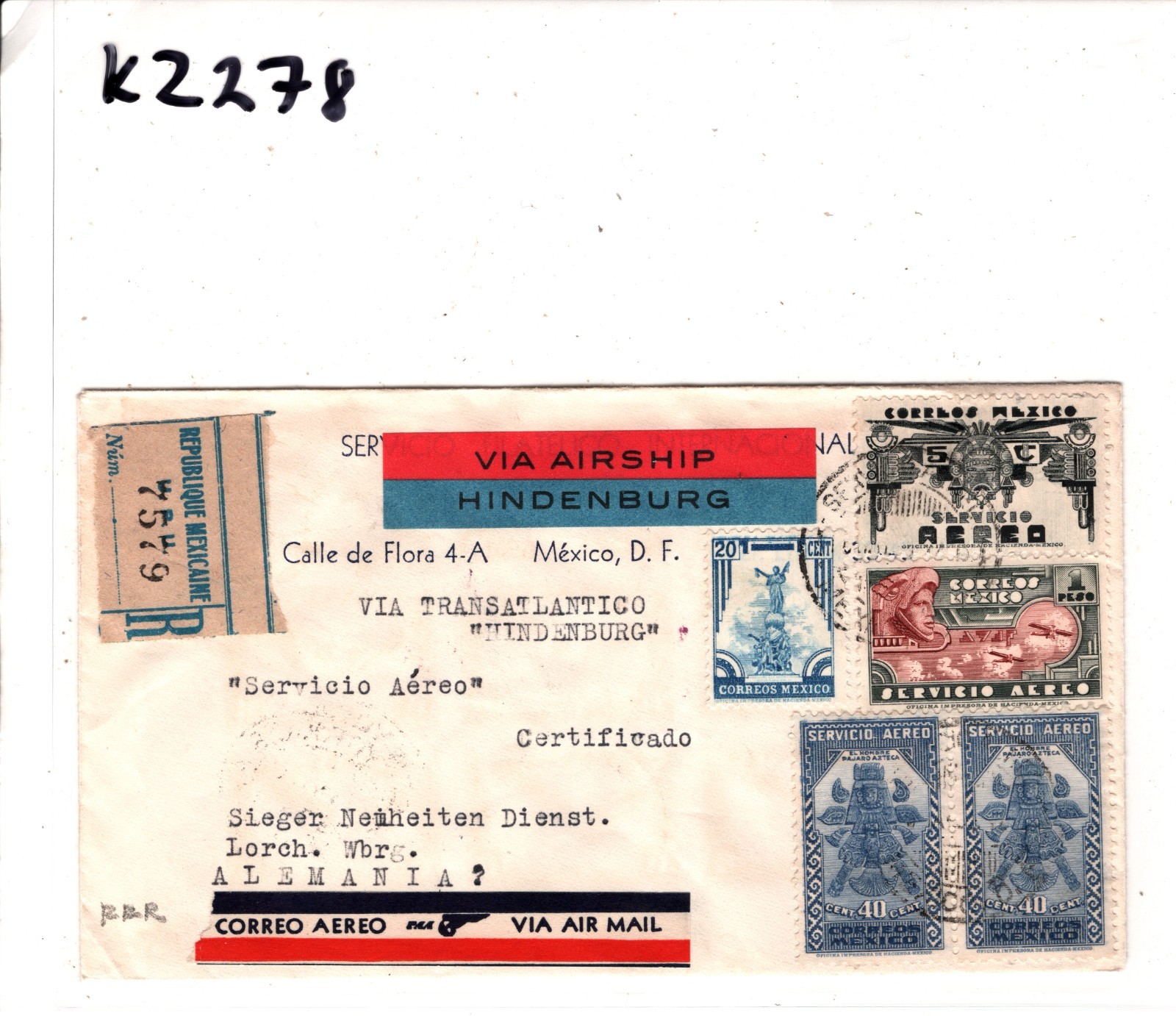 ZEPPELIN HINDENBURG *MEXICO* Air Mail Cover 1936 Germany Lorch Registered KZ278 - Image 4