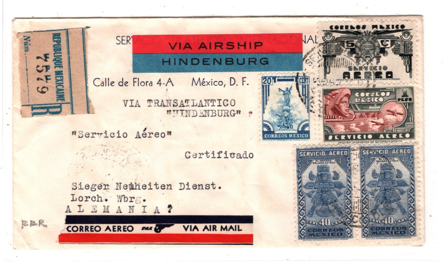 ZEPPELIN HINDENBURG *MEXICO* Air Mail Cover 1936 Germany Lorch Registered KZ278
