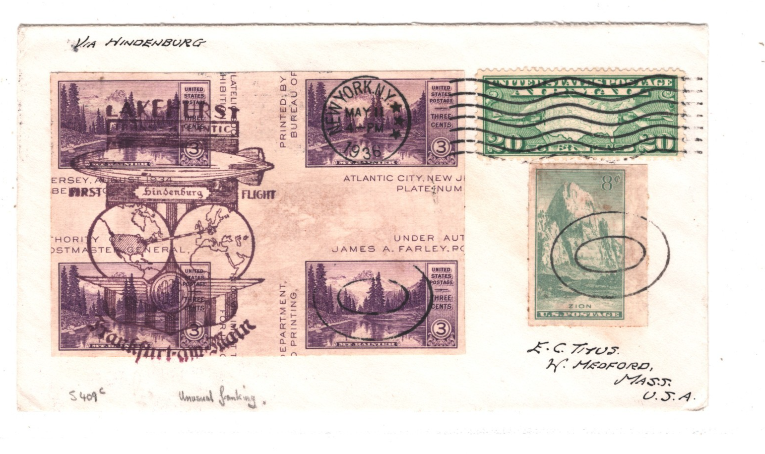 ZEPPELIN *HINDENBURG* USA Air 1936 FLIGHT Cover Super *IMPERF* Franking KZ392 - Image 3