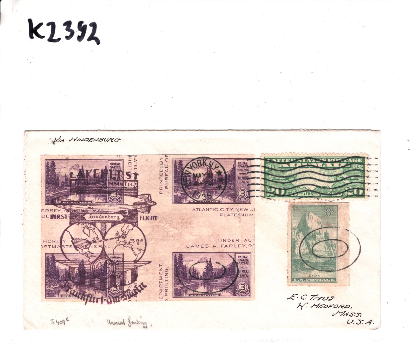 ZEPPELIN *HINDENBURG* USA Air 1936 FLIGHT Cover Super *IMPERF* Franking KZ392 - Image 5