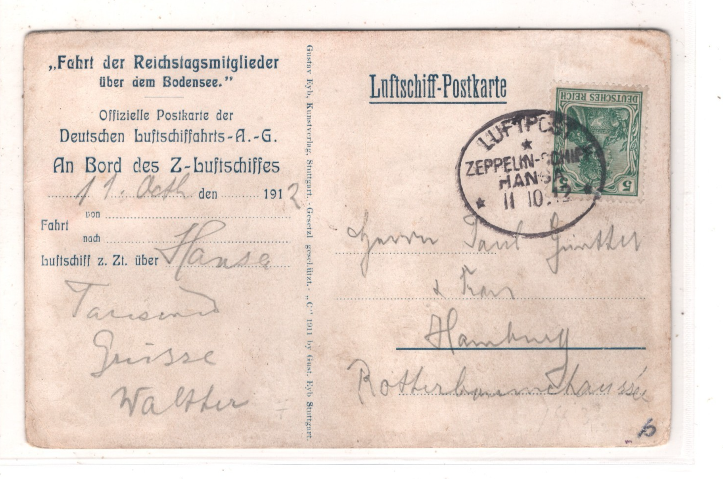 ZEPPELIN *Hansa* (LZ.13) Air Mail Postcard BORDSTEMPEL Oval 1912 Luftpost KZ13 - Image 3