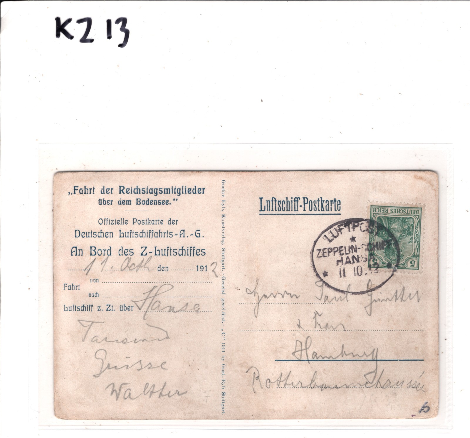 ZEPPELIN *Hansa* (LZ.13) Air Mail Postcard BORDSTEMPEL Oval 1912 Luftpost KZ13 - Image 5