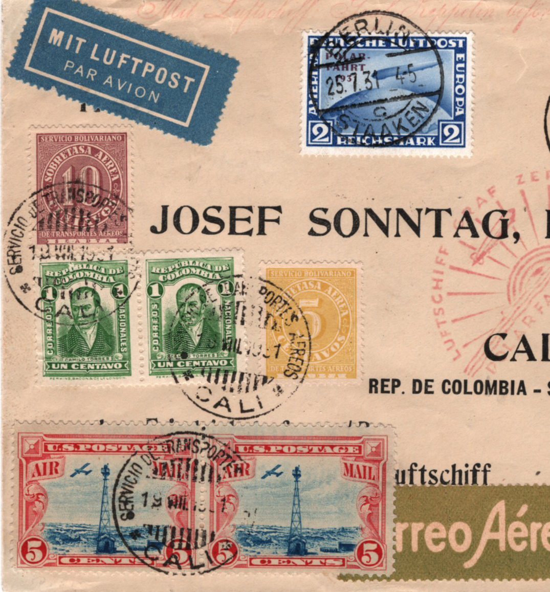 ZEPPELIN *POLAR FAHRT* 2m 1931 Cover SCADTA/COLOMBIA/USA Mixed Franking!! KZ112 - Image 2