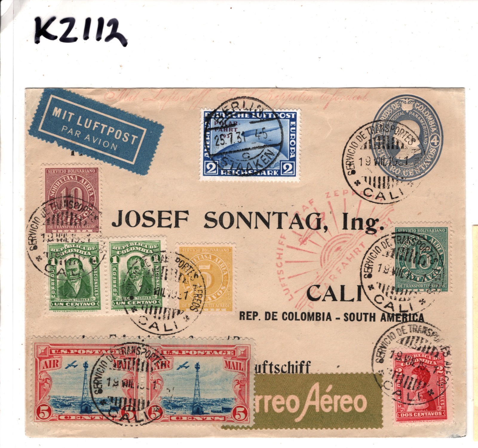 ZEPPELIN *POLAR FAHRT* 2m 1931 Cover SCADTA/COLOMBIA/USA Mixed Franking!! KZ112 - Image 5