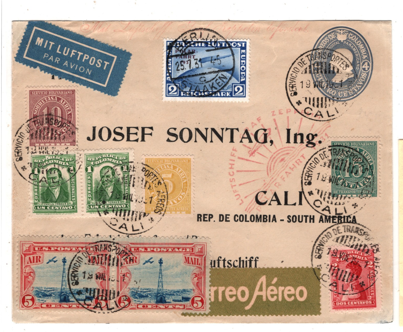 ZEPPELIN *POLAR FAHRT* 2m 1931 Cover SCADTA/COLOMBIA/USA Mixed Franking!! KZ112