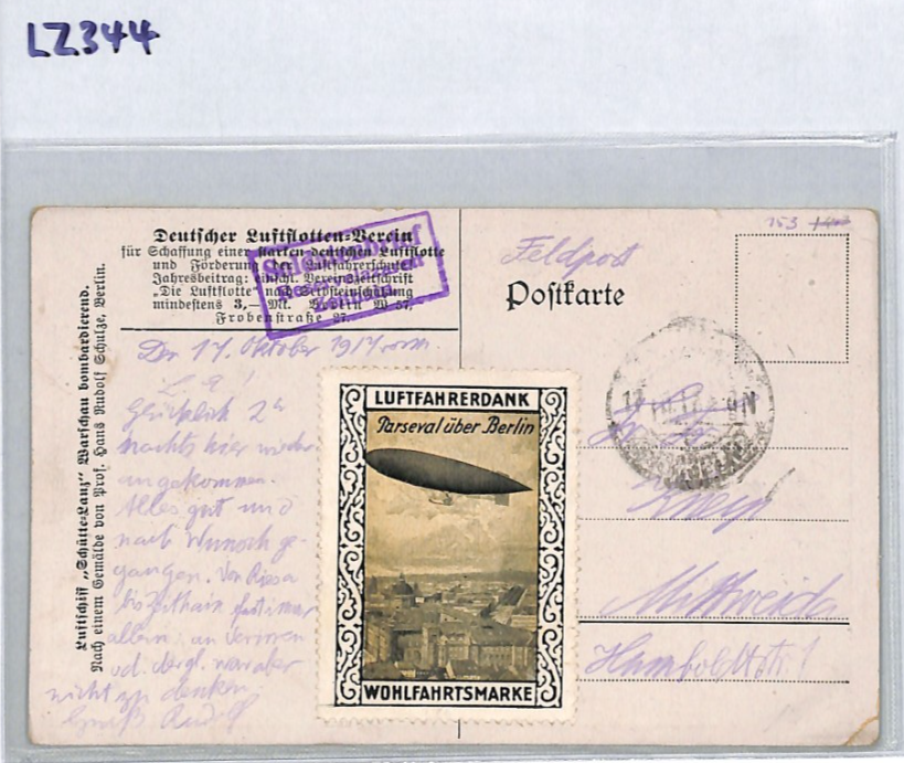 ZEPPELIN PROPAGANDA WW1 Postcard AIRSHIP *Parseval* LABEL Used 1917? LZ344 - Image 9