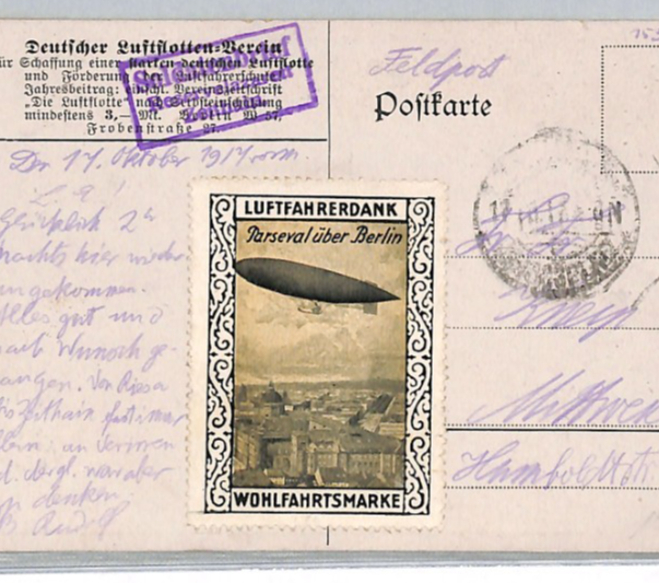 ZEPPELIN PROPAGANDA WW1 Postcard AIRSHIP *Parseval* LABEL Used 1917? LZ344