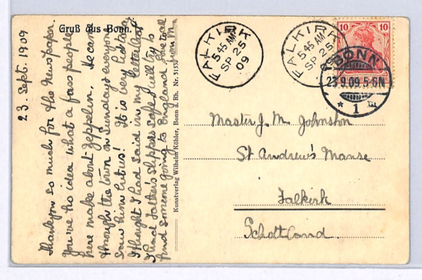 ZEPPELIN Postcard Bonn 1909 CDS *WHAT A FUSS!* Falkirk ENGLISH MESSAGE WZ2 - Image 5