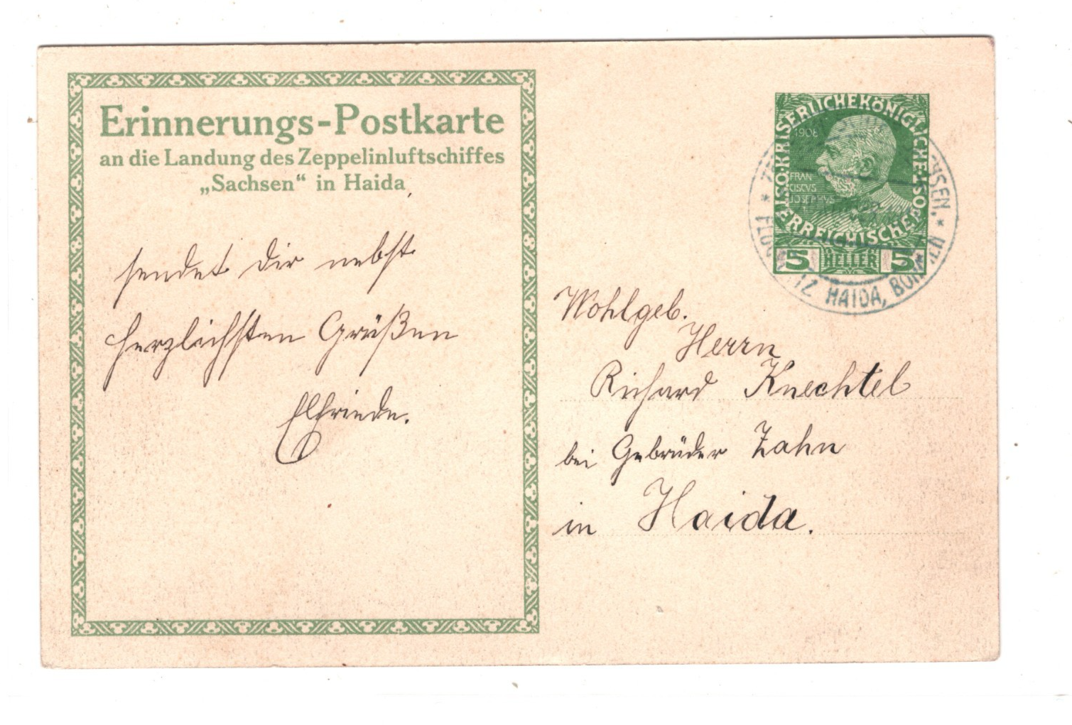 ZEPPELIN *Sachsen* LZ.17 Postcard Austria Empire HAIDA 1913 FLIGHT Blue CDS KZ35 - Image 3