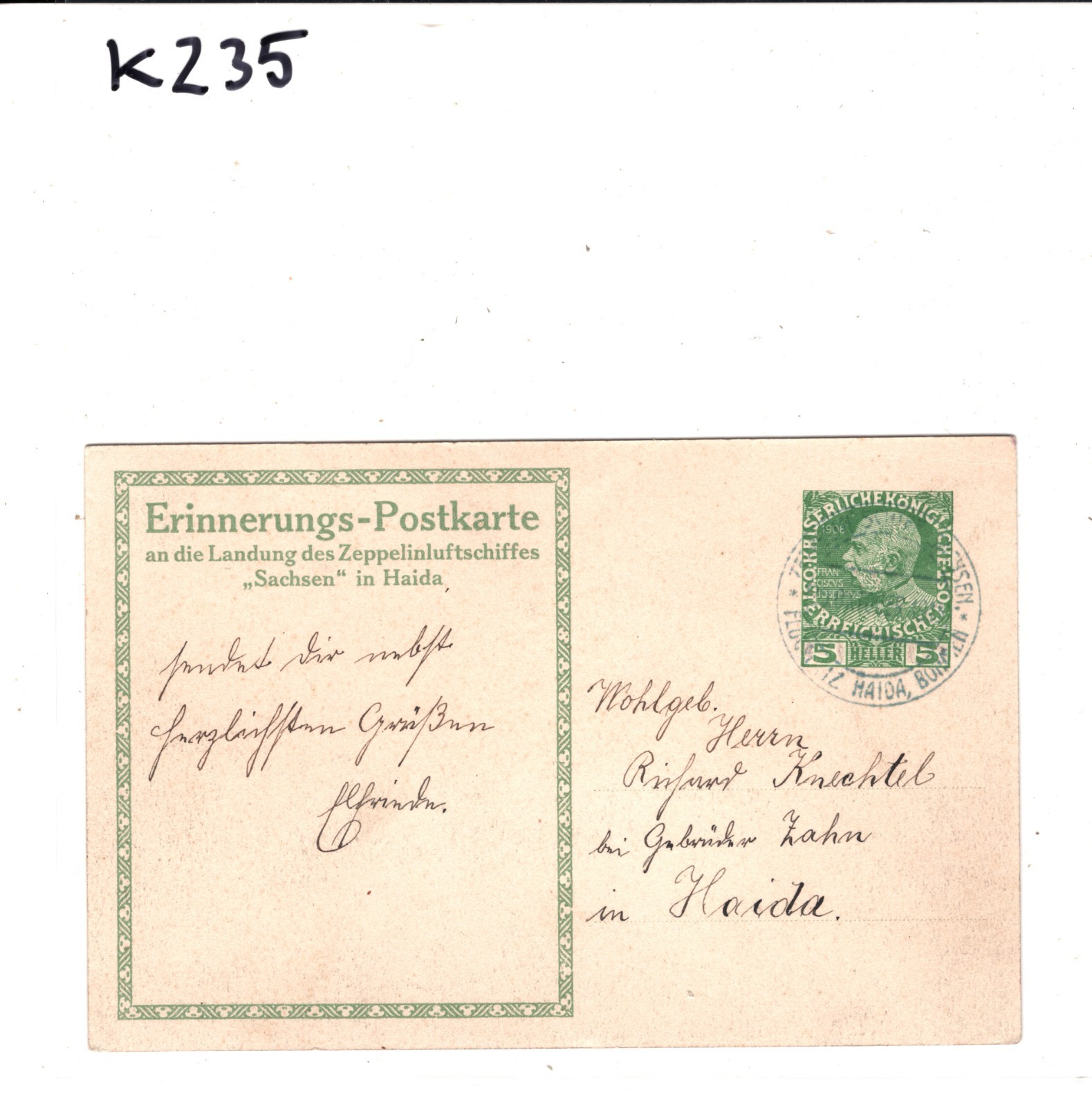 ZEPPELIN *Sachsen* LZ.17 Postcard Austria Empire HAIDA 1913 FLIGHT Blue CDS KZ35 - Image 6