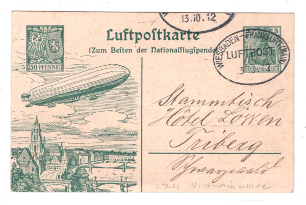 ZEPPELIN Stationery 50+5pf Air Card 1912 FLOWN *LZ.11* Weiebaden-Frankfurt KZ336 - Image 3