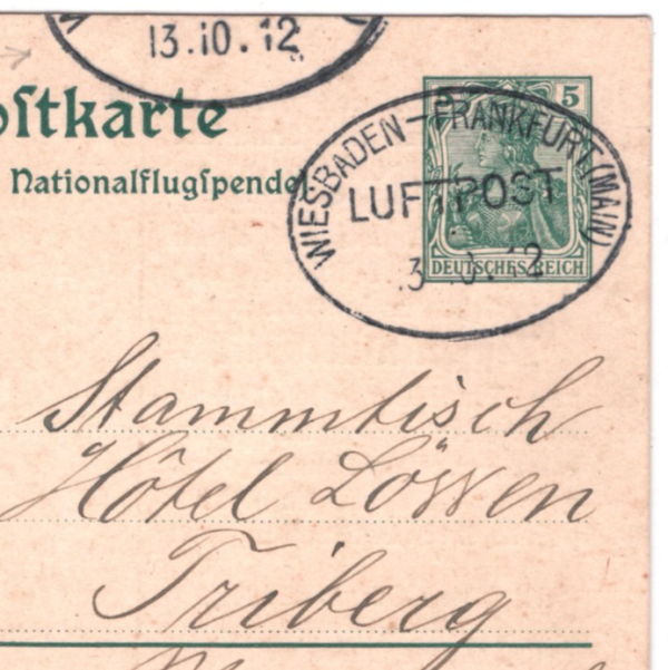ZEPPELIN Stationery 50+5pf Air Card 1912 FLOWN *LZ.11* Weiebaden-Frankfurt KZ336