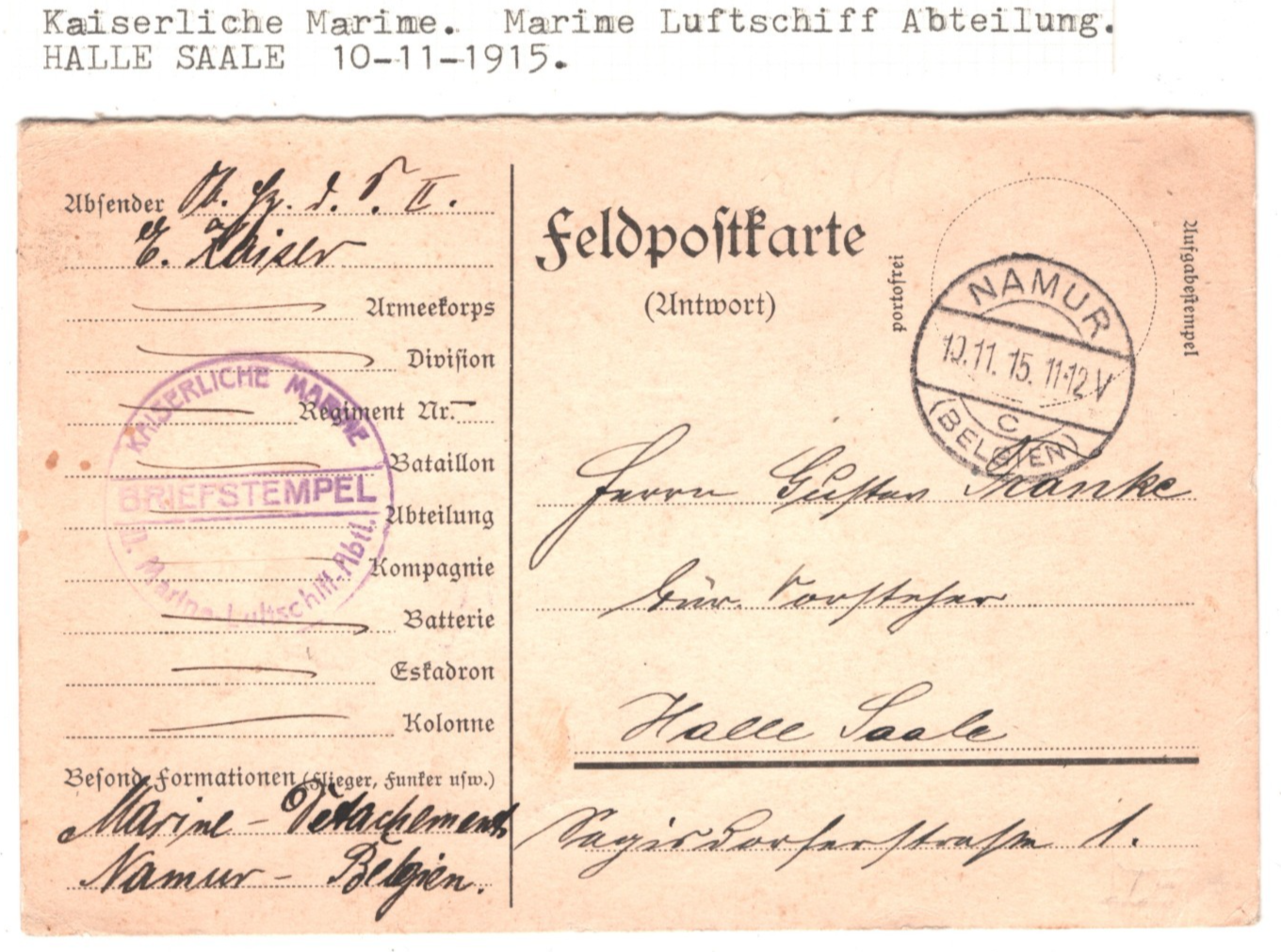 ZEPPELIN WW1 Card *MARINE LUFTSCHIFF* Abt Military Unit Cachet 1915 Namur KZ22 - Image 3