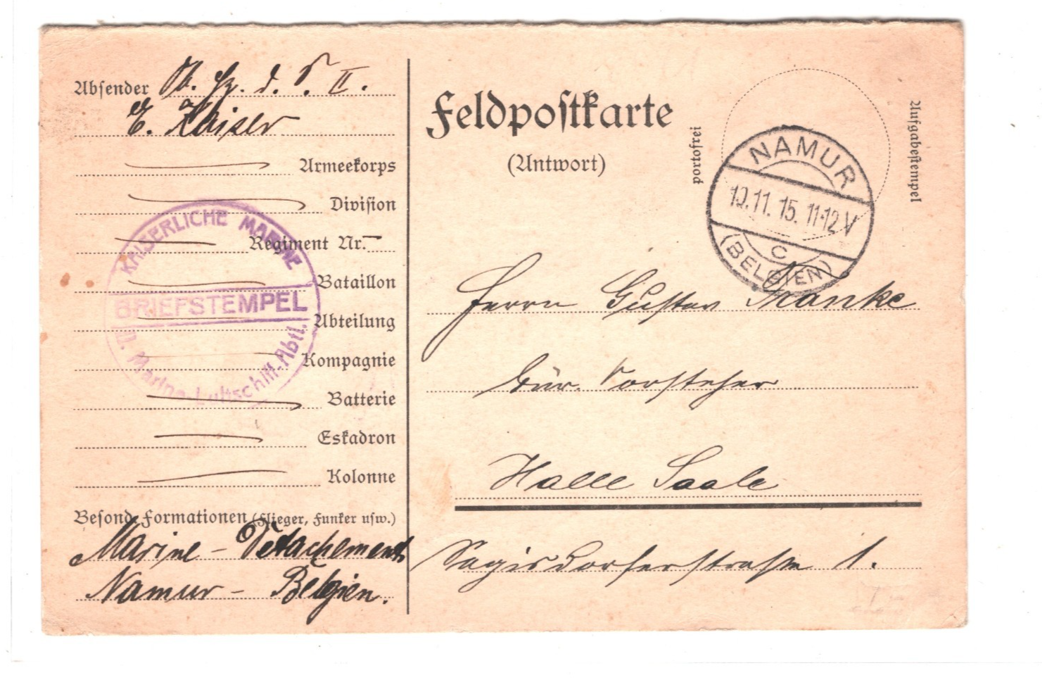 ZEPPELIN WW1 Card *MARINE LUFTSCHIFF* Abt Military Unit Cachet 1915 Namur KZ22 - Image 4