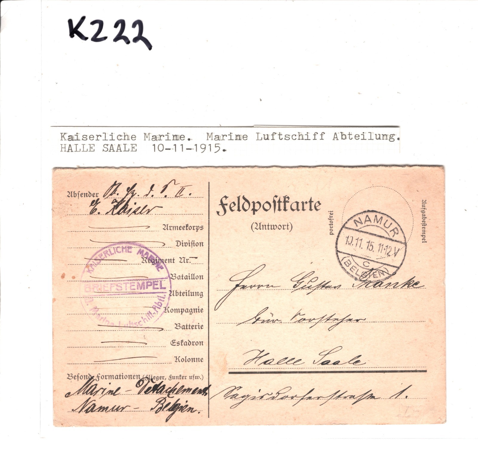 ZEPPELIN WW1 Card *MARINE LUFTSCHIFF* Abt Military Unit Cachet 1915 Namur KZ22 - Image 9