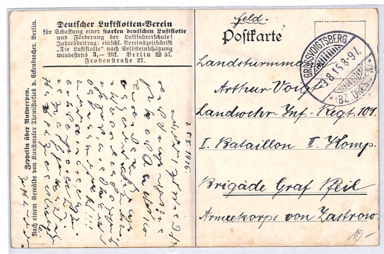 ZEPPELIN WW1 PROPAGANDA Card Grossvoigtsberg *CODED MESSAGE*? 1915 Germany PZ147 - Image 3