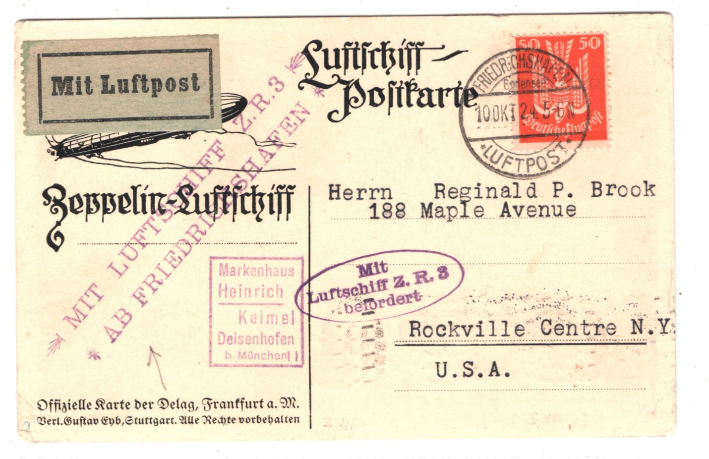 ZEPPELIN ZR-3 (LZ.126) 1924 Official Card TRANSATLANTIC Air USS LOS ANGELES KZ1